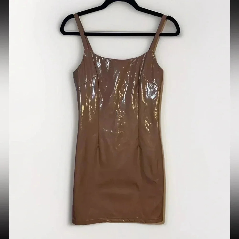 NEW Forever 21 Latex Sexy Naked Mini Dress Faux Leather Tan Stretchy Bodycon